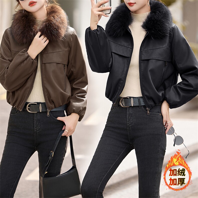 安可拉红加绒加厚短款皮衣外套女款2024冬季新款真毛领皮棉服夹克，女装皮衣，江南女神