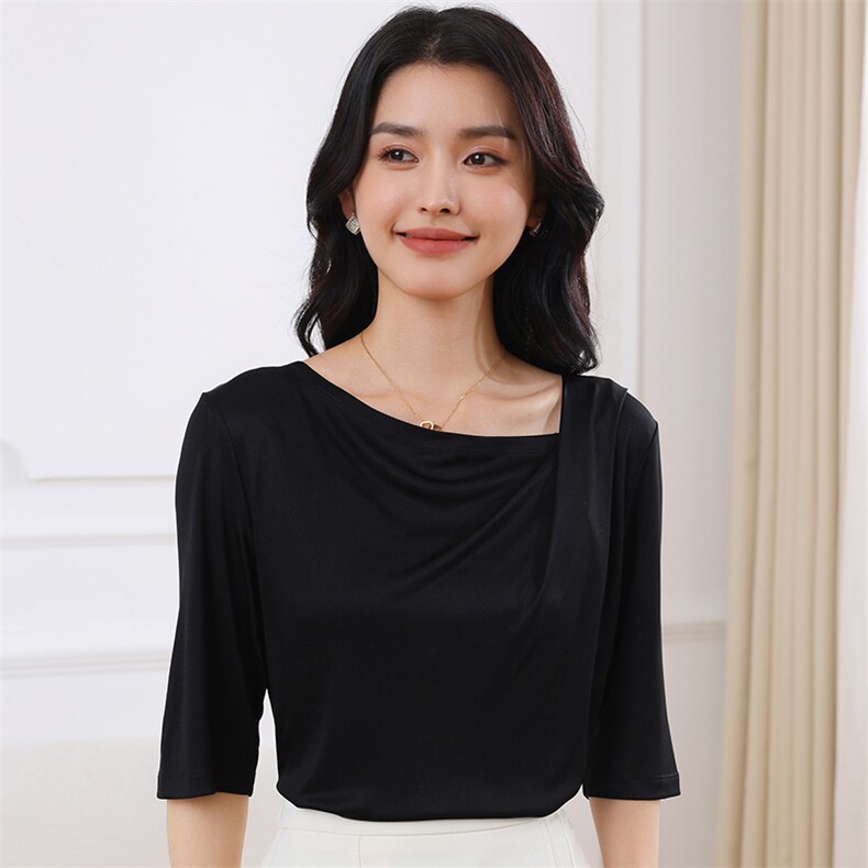 三醋酸断面荡领五分袖短袖t恤女薄款夏季透气百搭高级感半袖上衣,女装T恤,伊绒腾羊绒