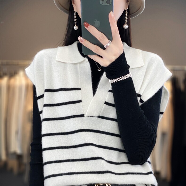 时尚条纹毛衣女V领无袖针织衫修身显瘦百搭气质外套,女装马甲,琳华羊绒