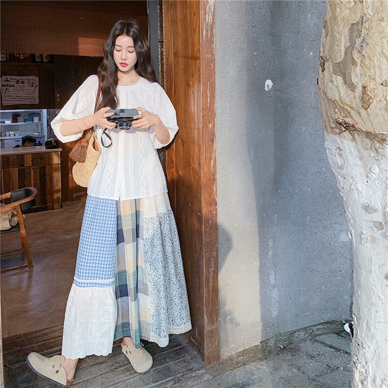 韩系搭配一整套女2025夏季新款蕾丝拼接衬衫格子半身裙两件套装,女装套装/套裙,2C176