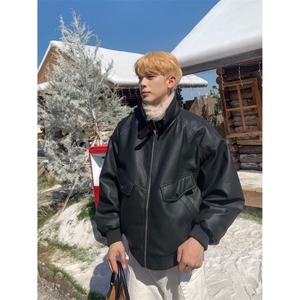 AP美式复古座山雕毛领皮面棉服加厚保暖短款皮毛一体外套男图片