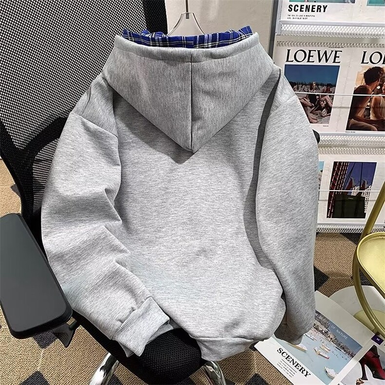 美式假两件连帽格子卫衣开衫cleanfit外套J290P52,男装卫衣,星座1116-2