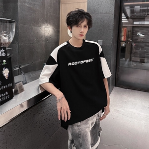 2025夏季美式宽松拼色短袖T恤潮撞色休闲半袖衫XZ808B-WH024-P40图片