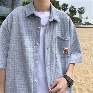 港风短袖衬衫男夏季华夫格衬衣潮流高街宽松五分袖外套CS825-P33图片