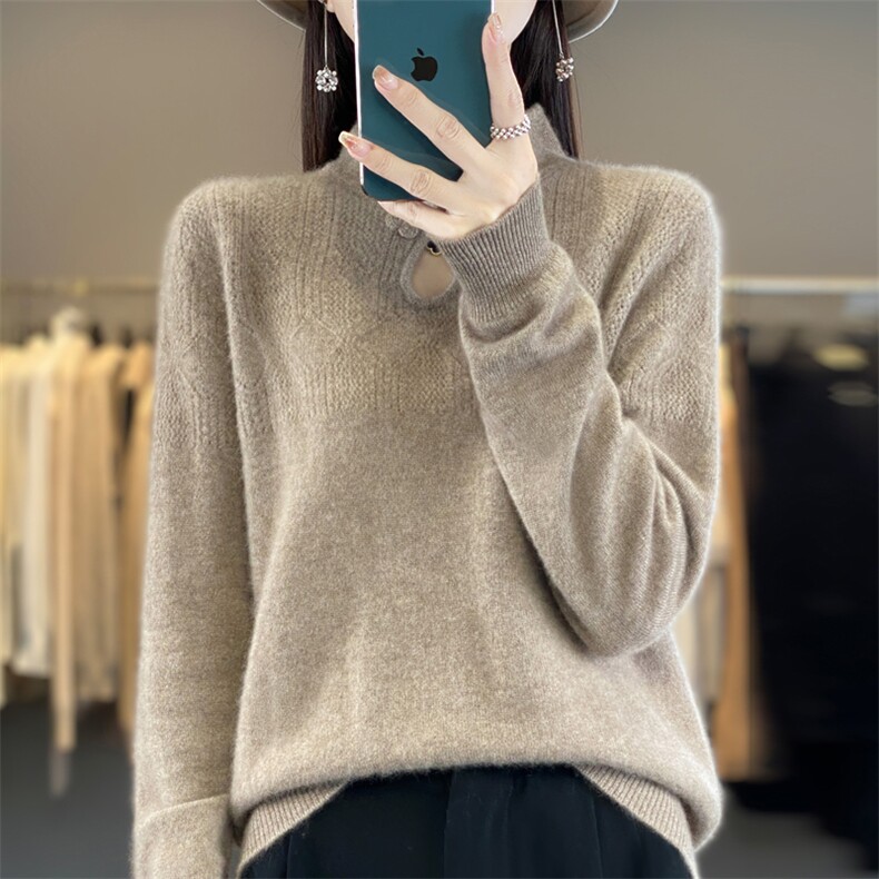 100%纯羊毛衫女复古盘扣立领镂空钩花毛衣宽松长袖羊绒衫打底上衣,女装羊毛衫,昭美羊绒