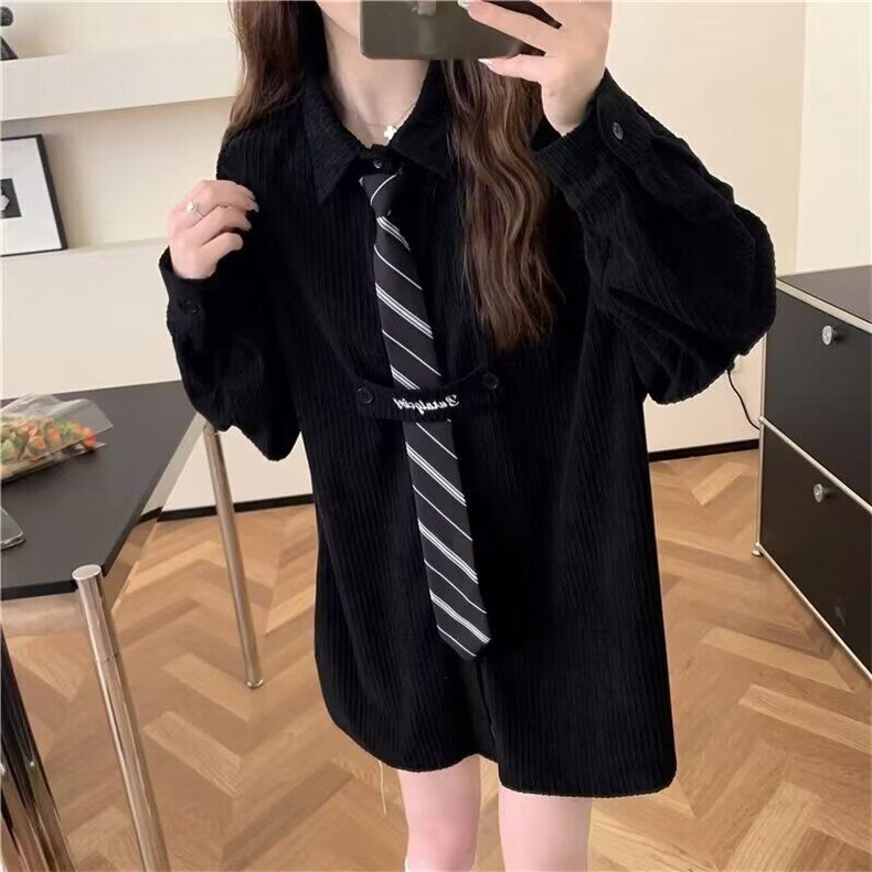 灯芯绒衬衫女长袖秋冬款加绒美式复古学生宽松内搭设计感高级衬衣图片