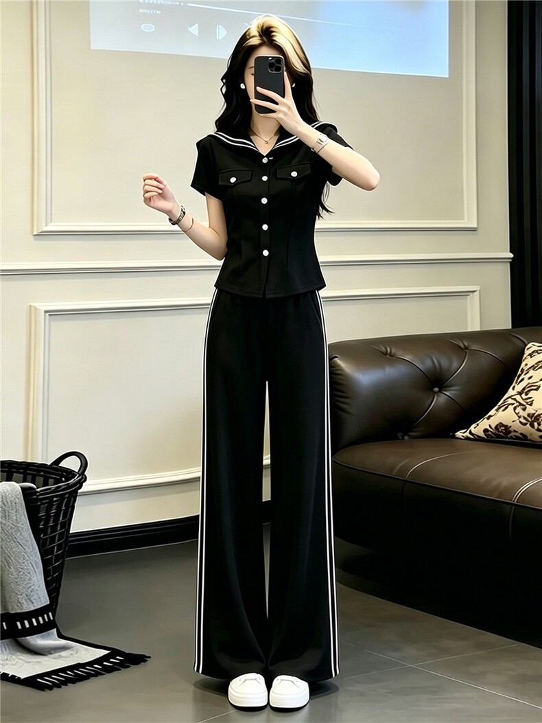 时尚休闲套装女夏季新款个性简约海军领纽扣设计短袖阔腿裤两件套,女装套装/套裙,江南