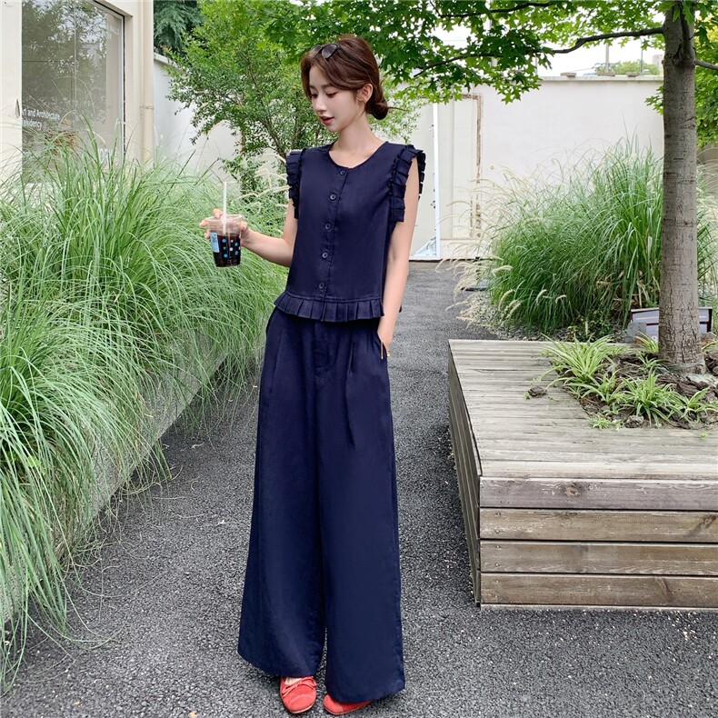 韩系木耳边无袖马甲套装女2025夏季新款气质显瘦百搭阔腿裤两件套,女装套装/套裙,浙宝208A