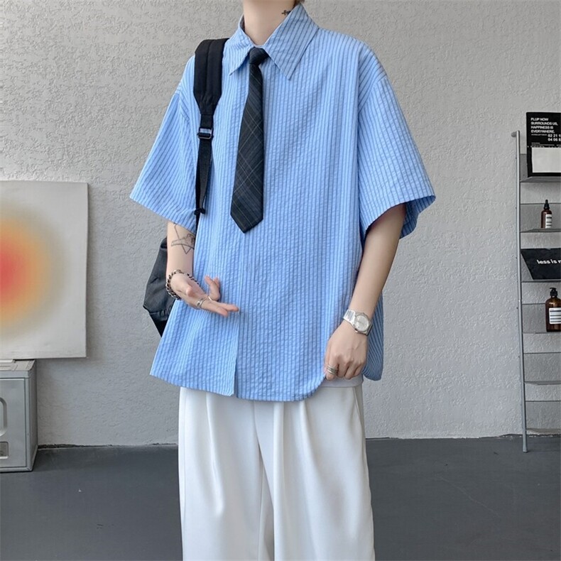 学院风jk领带条纹短袖衬衫大码休闲上衣高级感半袖衬衣DC5010/P55,男装衬衫,电商B238