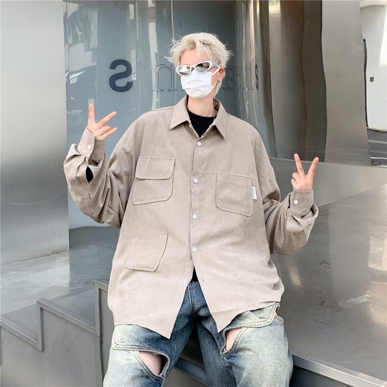 日系男装春秋复古质感多口袋工装衬衣大地色中性长袖衬衫男C113,男装衬衫,星座1116A-1（原606A）
