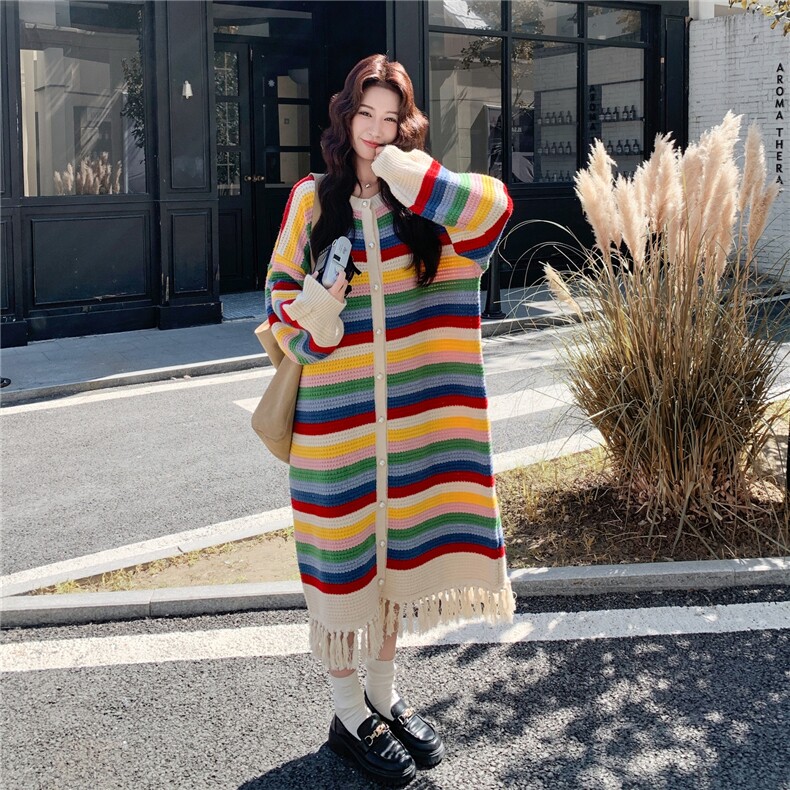 多巴胺彩色条纹针织开衫女款宽松慵懒风长款毛衣流苏外套，女装针织衫/毛衣，浙宝290（原306）