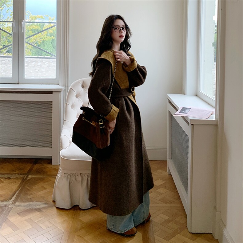 撞色连帽双面呢羊毛大衣女冬长款毛呢外套，女装毛呢外套，郎佰婉