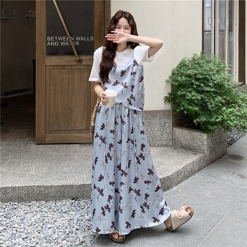 撞色假两件碎花T恤套装女2025年夏装新款设计感休闲阔腿裤两件套,女装套装/套裙,2C122
