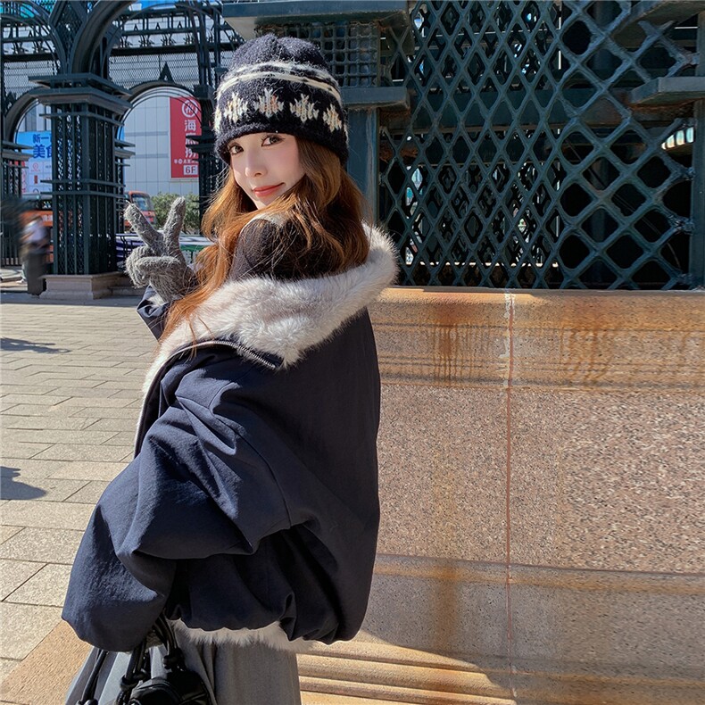 藏青色羊羔毛拼接双面穿棉衣女冬季小个子学院风立领加绒加厚外套,女装棉衣/棉服,2C218