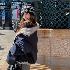 藏青色羊羔毛拼接双面穿棉衣女冬季小个子学院风立领加绒加厚外套，女装棉衣/棉服，2C218