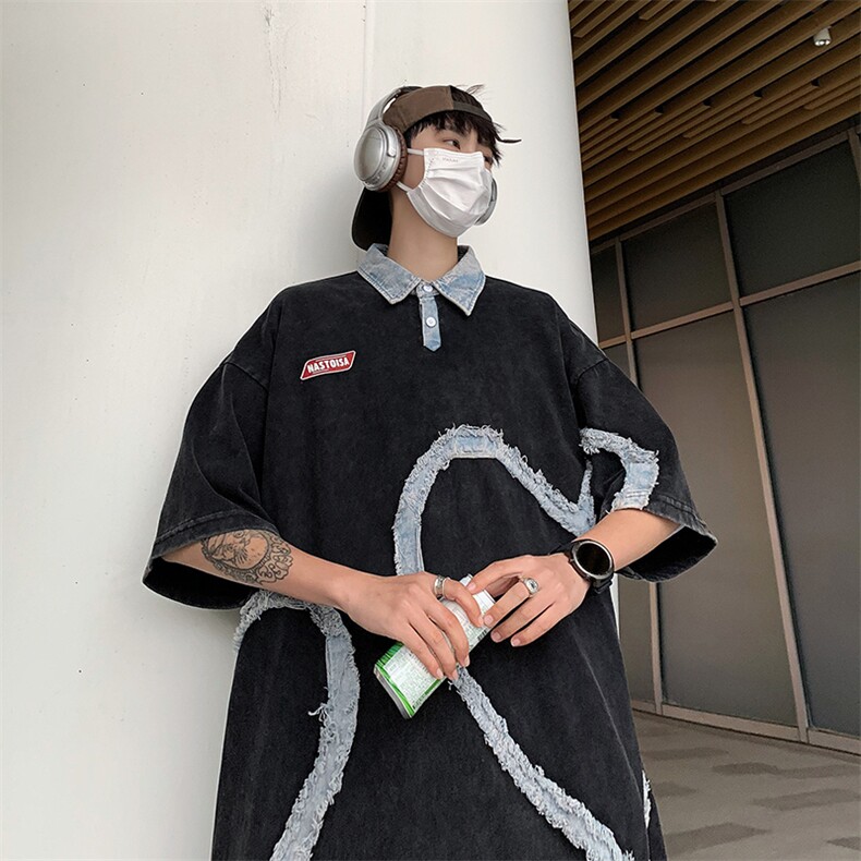 水洗做旧POLO衫男韩版爱心刺绣拼色2026夏季新款insT恤WB060-P46,男装T恤,星座412