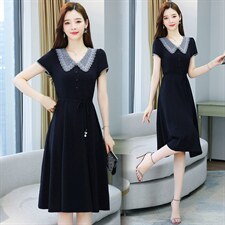 2022新款女装高端气质洋气裙子娃娃领雪纺连衣裙夏，女装连衣裙，美吧服饰