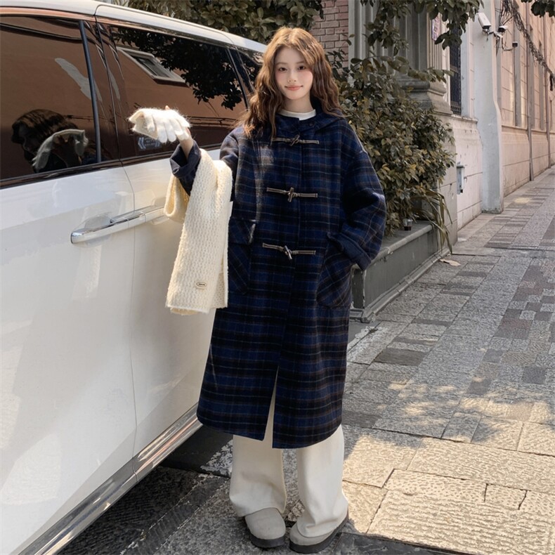高级感中长款格子双面羊毛大衣女冬季2025复古连帽牛角扣毛呢大衣,女装毛呢外套,2D014