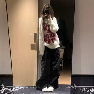 美式潮水貂绒 字母提花圆领海马毛情侣毛衣秋冬小众针织衫上衣图片