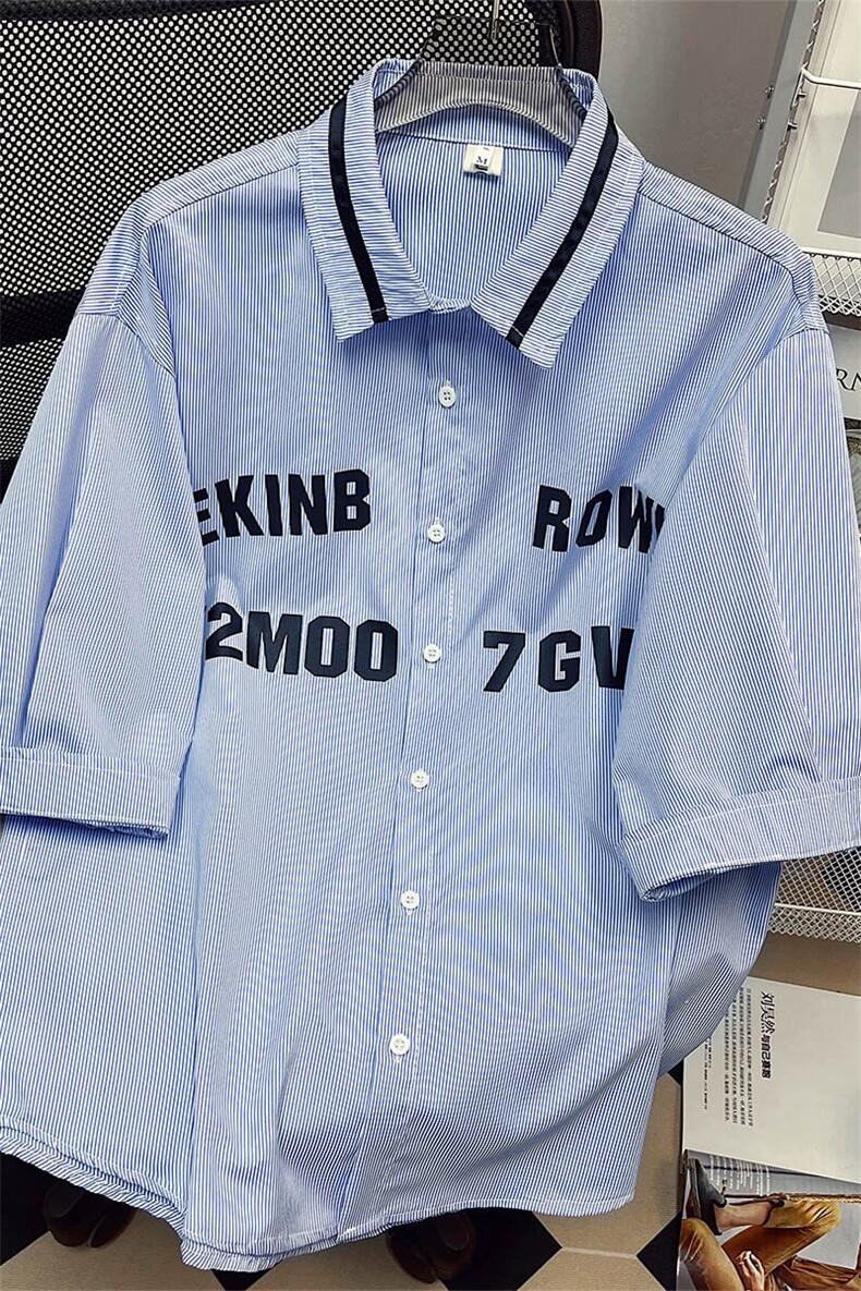 1中性竖条纹大码M-5XL日系港风情侣七分袖衬衫男QCS7018P45控68,男装衬衫,星座226-2