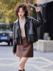 常规短款春季方领纽扣极简风皮衣春秋韩版机车服休闲气质小个子图片