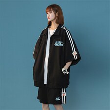 中性夏季潮流华夫格宽松运动风开衫T恤情侣套装TZ656P85控108，男装休闲套装，A247A