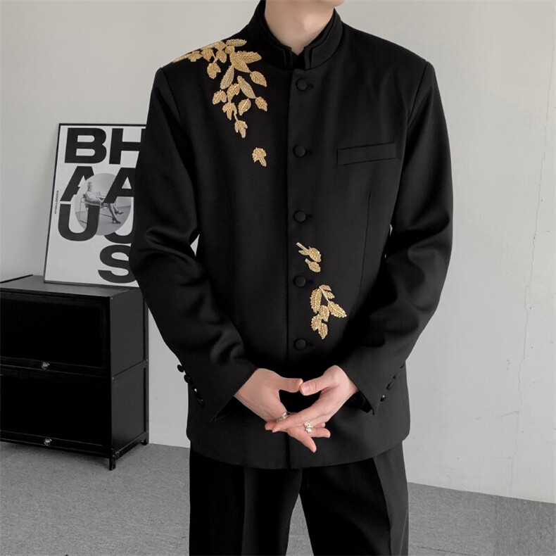 春装新中式立领重工手工穿珠中山装男装改良休闲夹克西服外套潮图片