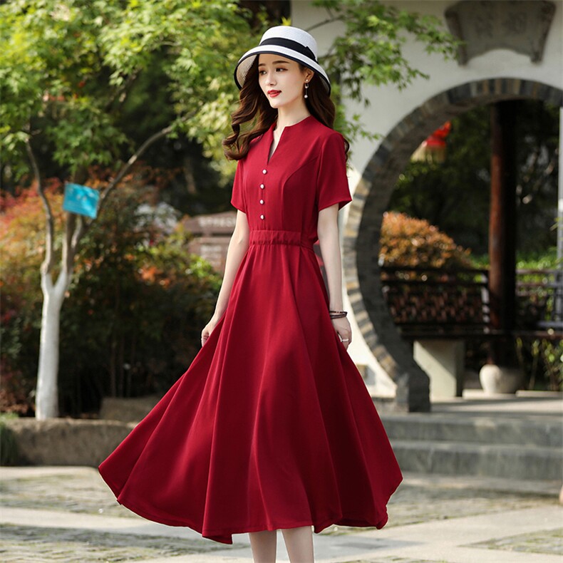 优雅连衣裙春夏季2025新款女装气质中长款V,女装连衣裙,雅之冉羊绒