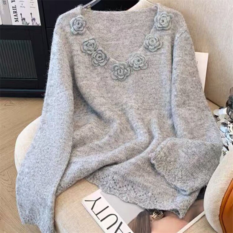 2025年秋季新款百搭女士山茶花镂空钩花长袖，女装针织衫/毛衣，萱芳婷羊绒