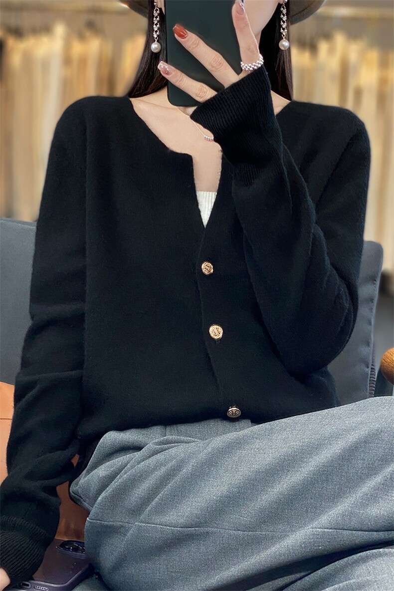 100%纯羊毛开衫毛衣女V领24秋冬新款纯色针织羊绒衫外套宽松上衣,女装羊毛衫,绒汀羊绒