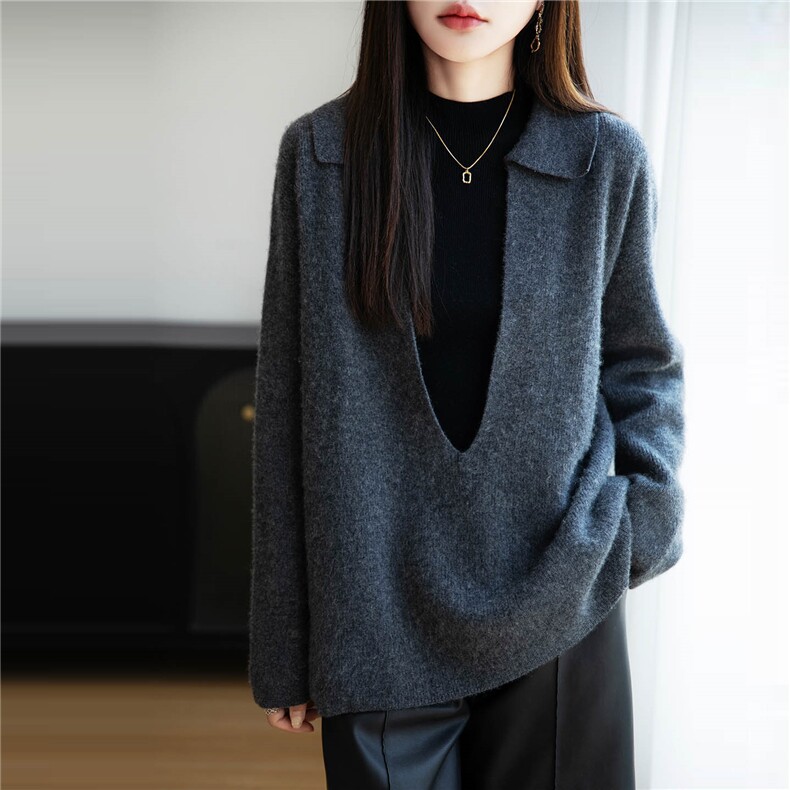 松弛感纯羊毛翻领针织衫女25新款宽松休闲保暖外套毛衣设计感上衣,女装羊毛衫,越洋羊