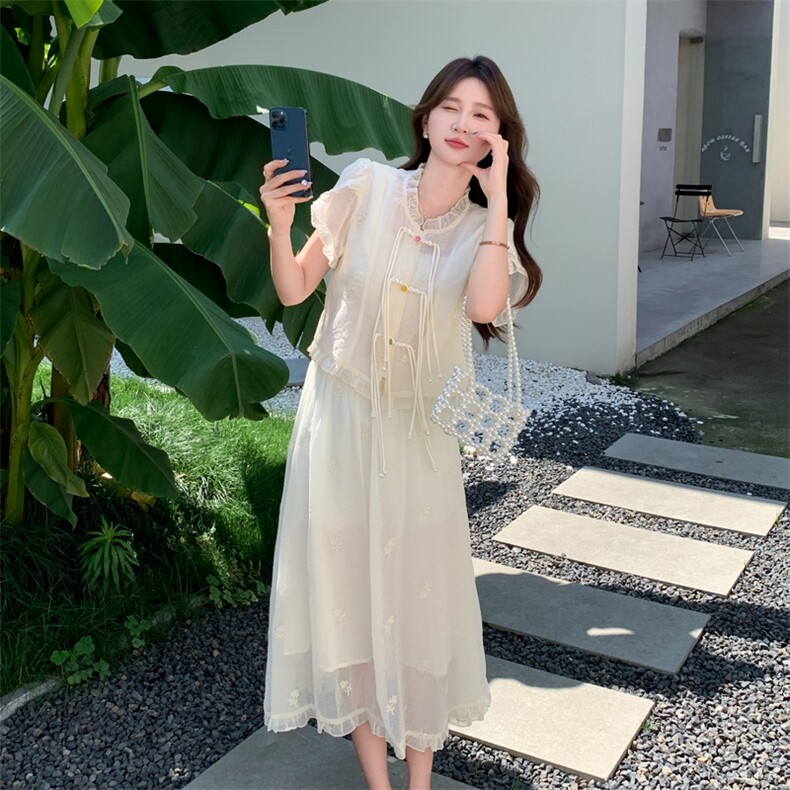 2024夏季新款新中式蕾丝刺绣复古盘扣上衣加刺绣伞裙两件套,商品下架区,韩然一族