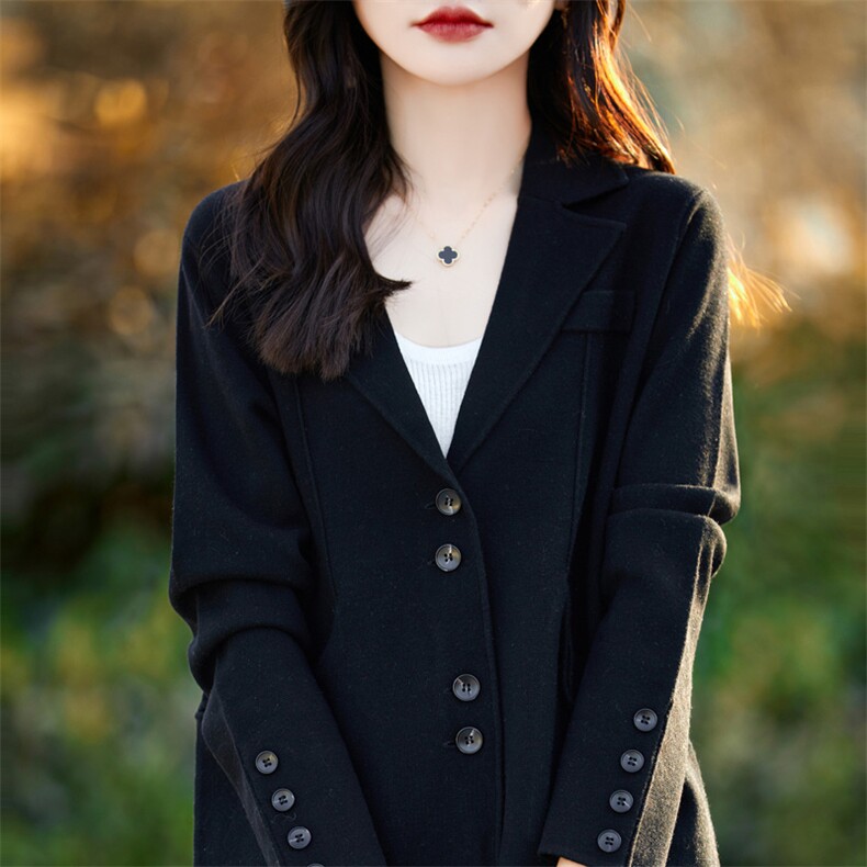 西装领精纺羊毛开衫女春秋新款纯色长袖针织毛衣外套宽松外搭上衣图片
