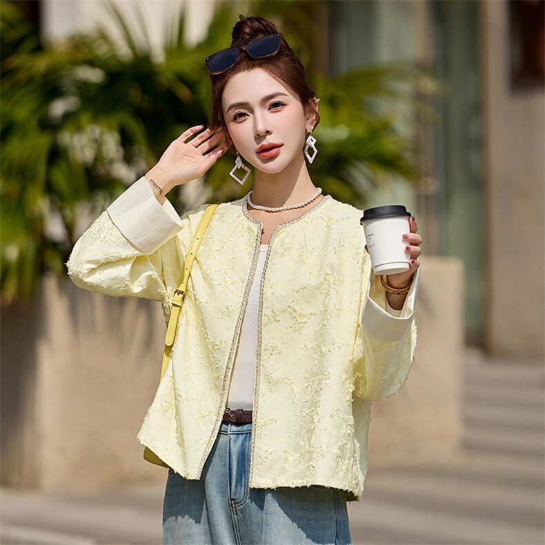 黄色显白超好看提花短外套女2025春装新款小香风时尚气质减龄上衣,女装短外套,布芭啦