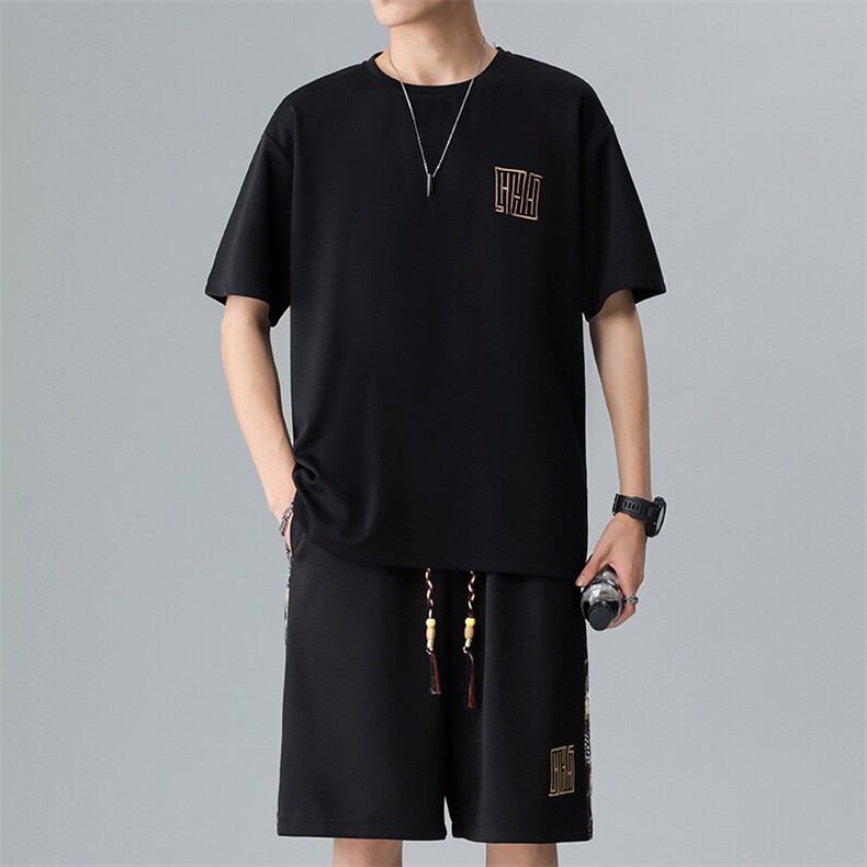 男士刺绣夏季拼接休闲运动套装男T恤短裤两件套潮A266-TZ7707-P45,男装T恤,电商A266