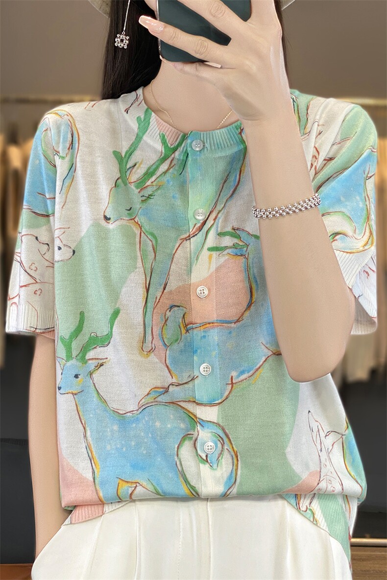 精纺天蚕丝圆领短袖开衫时尚抽象印花针织衫通勤百搭夏薄款上衣女,女装羊毛衫,朝贺羊绒