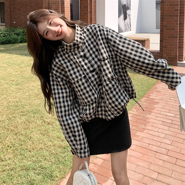立领复古格子短外套女2024春秋新款韩系休闲宽松小个子设计感上衣,女装短外套,2C262