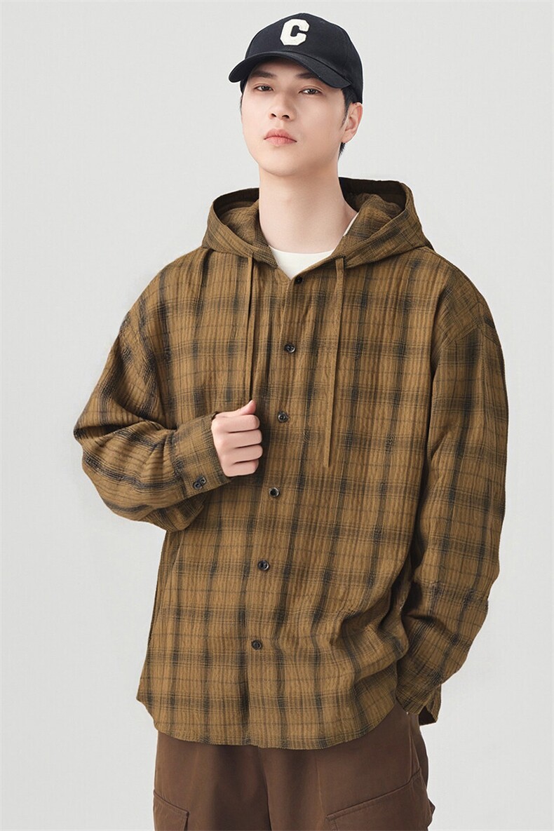 潮流泡泡沙格子衬衫连帽长袖帅气开衬外套DSA157B-CS4508-特P55,男装衬衫,电商A157B
