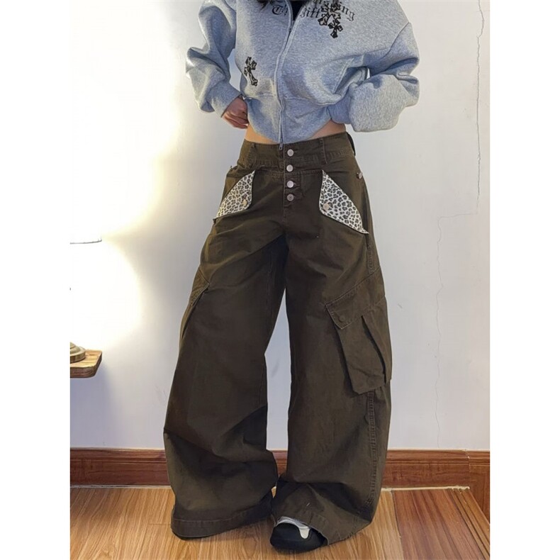 美式复古豹纹拼接多口袋牛仔裤男女cleanfit宽松工装裤情侣阔腿裤图片