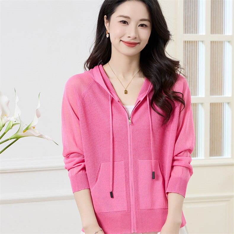 减龄宽松天丝亚麻开衫女短外套透气防晒小衫2025春夏新款连帽拉链，女装针织衫/毛衣，秋虹羊绒