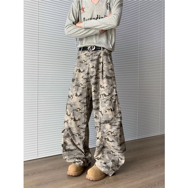 美式复古沙漠迷彩多口袋工装裤男女同款宽松潮牌弯刀裤伞兵裤图片