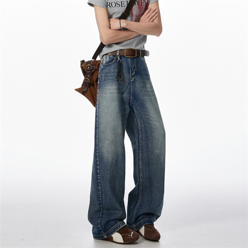 现货~~半松紧腰春季美式做旧复古水洗宽松牛仔裤2BK560-P55控78，男装牛仔裤，星座515