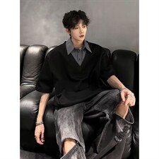 【XZ1112-1】男短袖杉翻领假两件POLO杉T恤五分袖P37YW71，男装T恤，星座1112-1