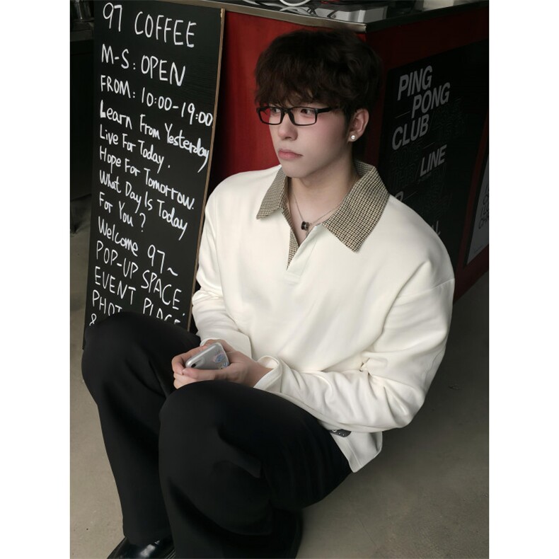 网图千鸟格拼接polo领洛卡抗皱内搭长袖t恤男老钱风打底衫特P28，男装Polo衫，电商C306-1