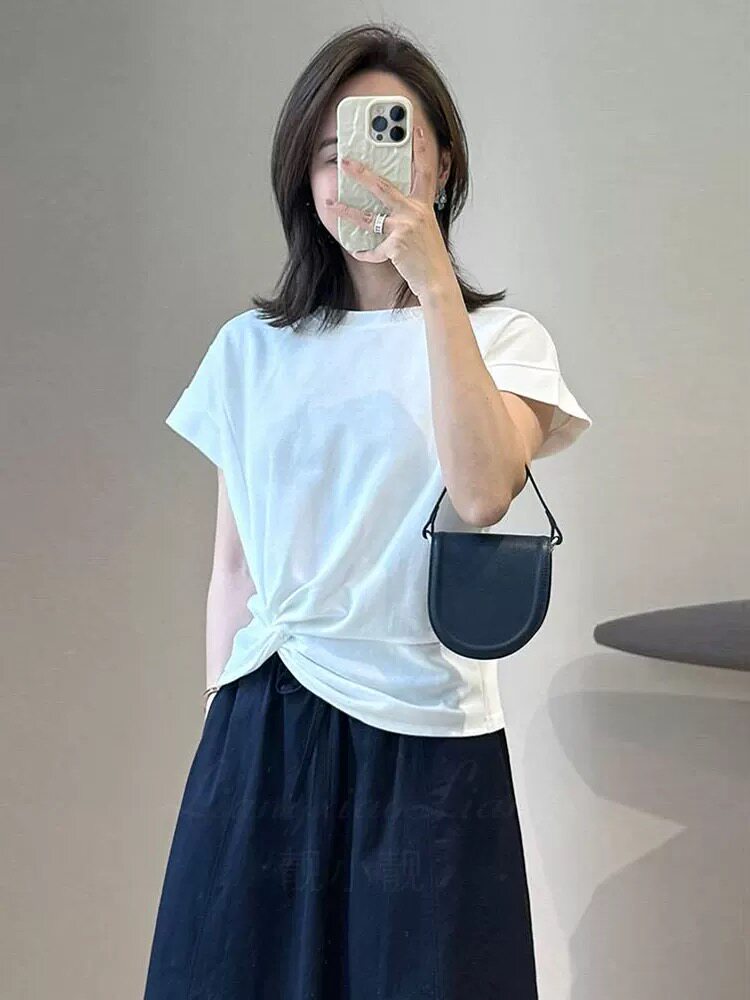 2025设计感不规则立体纽结简约短袖T恤，女装T恤，湘姗