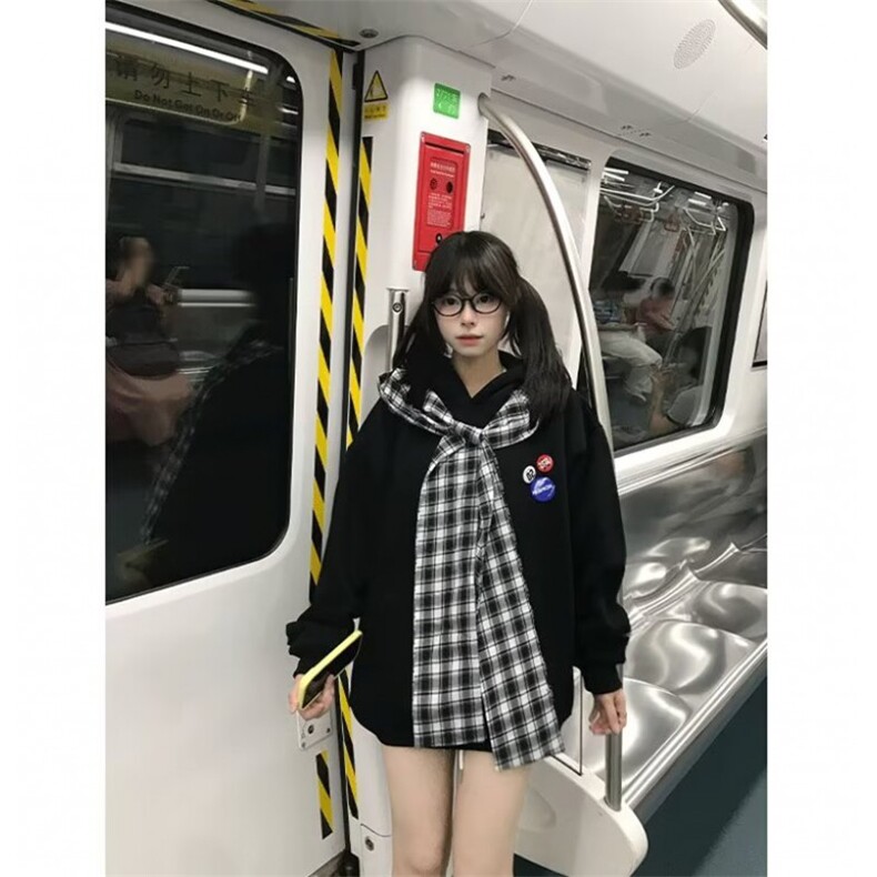 格子披肩美式复古假两件连帽卫衣男女秋冬2025新款宽松情侣上衣图片