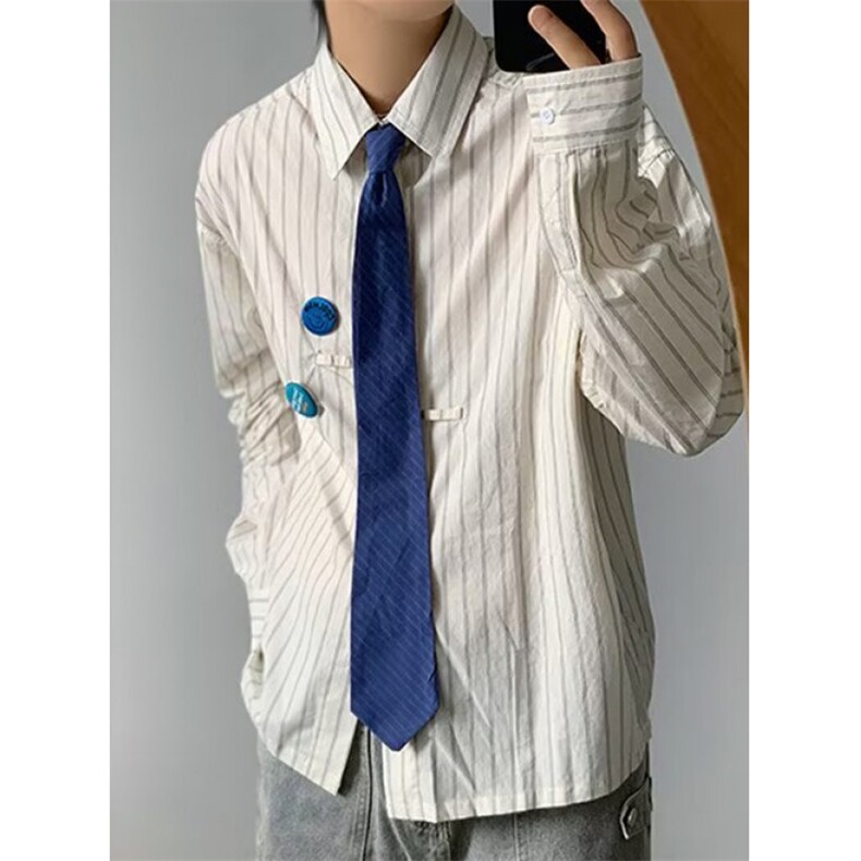 领导胸章条纹衬衫男女春秋宽松休闲百搭长袖衬衣外套CS421,男装衬衫,星座1116A（原606A-3）