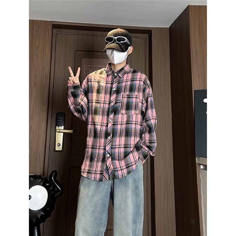 控价59港风格子衬衫宽松外套男女衬衣百搭格子外套CS2402P35,男装衬衫,电商A128