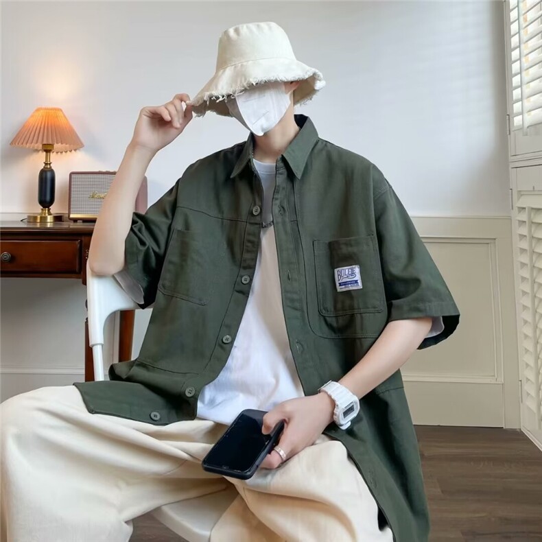 纯棉夏季新款五分袖衬衫男港风休闲工装衬衣外套宽松潮CY672-P46图片