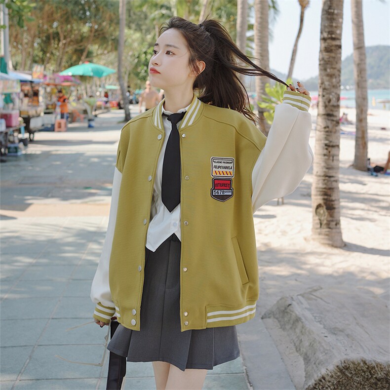 高级小众学院风黄色棒球服外套女春秋2025年超火好看短款夹克上衣,女装短外套,2C056